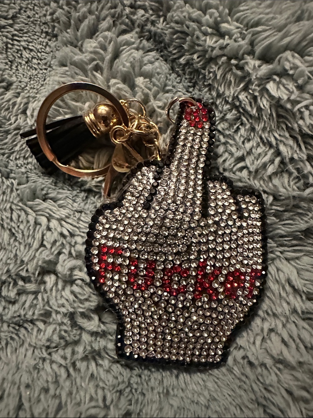 Rhinestone Middle Finger Keychain - Silver and Red Accent